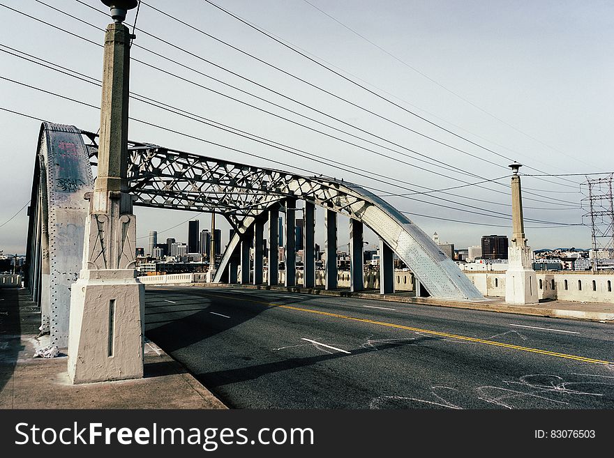 A bridge with arched metal construction. A bridge with arched metal construction.