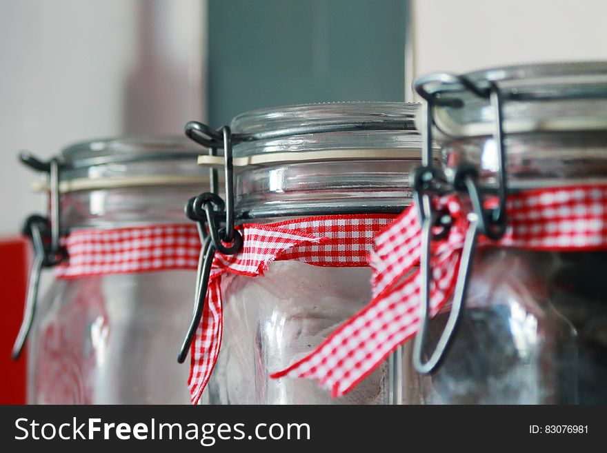 Clear Glass Mason Jar With Red White Ribbon