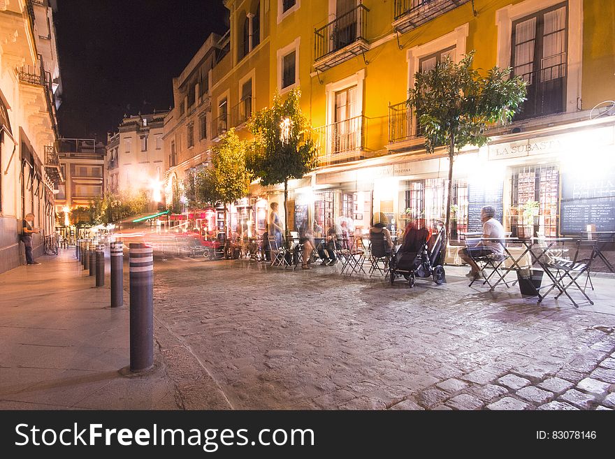 A small street with cafeterias at night. A small street with cafeterias at night