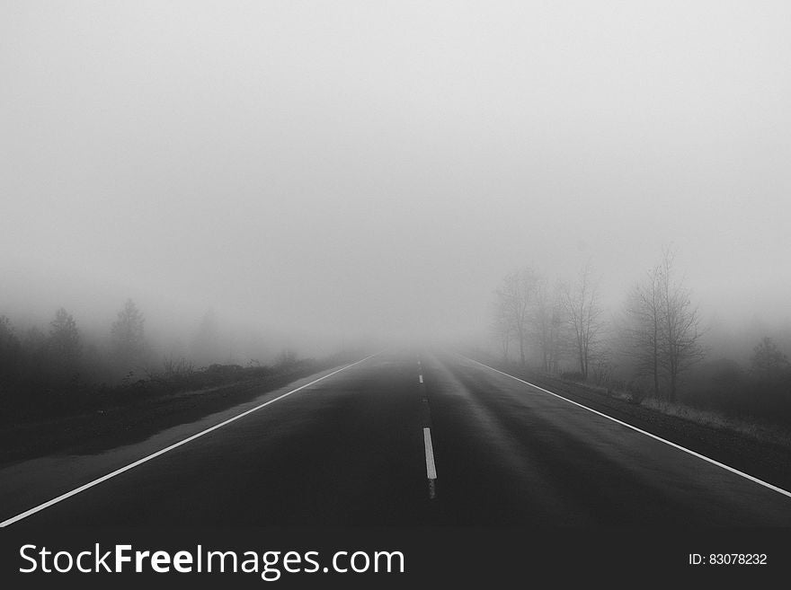 Monochrome photo of a foggy road ahead.