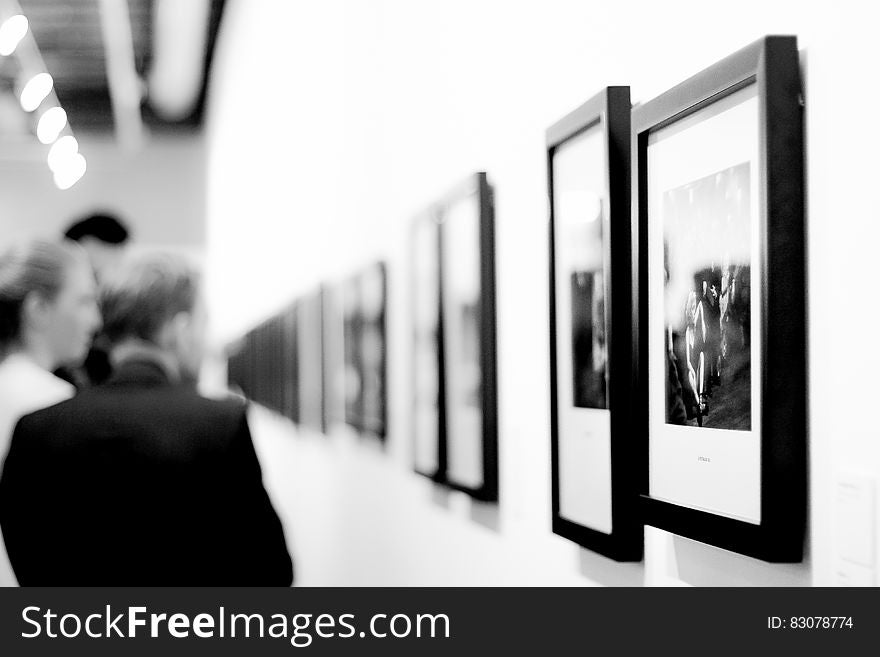Visitors look at photography exhibition in museum or art gallery