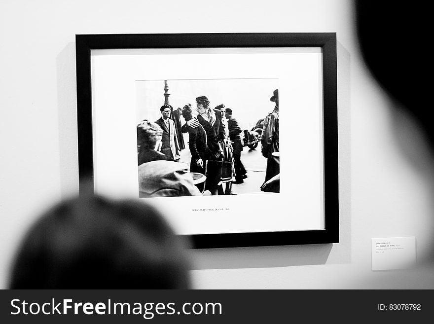 Black and white photography displayed in museum exhibition. Black and white photography displayed in museum exhibition