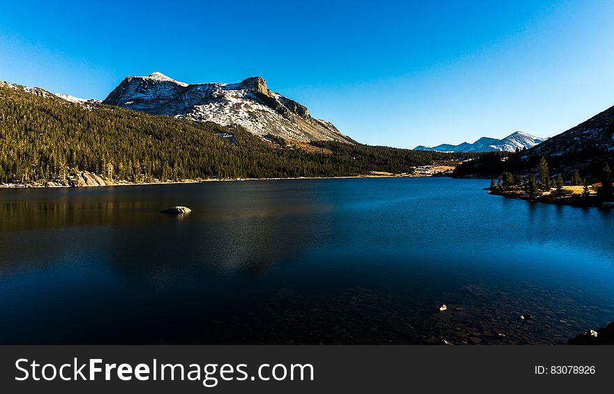Calm Water Near Green Tress Under Snow-capped Mountain and Blue Sky