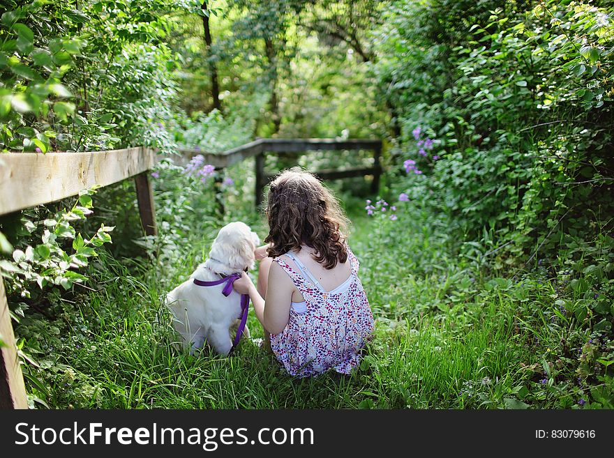 Girl and Puppy Sitting on Green Grass Surrounded With Shrubs during Daytime