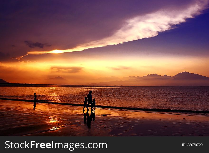 Silhouette of People Walking on Seashore Under Gray and White Clouds during Daytime