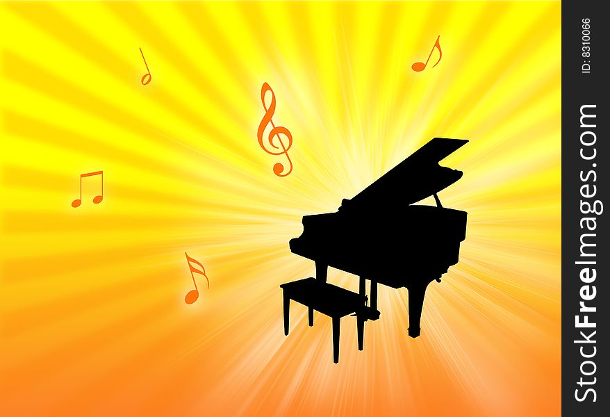 Piano instrument on a colorful background with notes in the air. Piano instrument on a colorful background with notes in the air