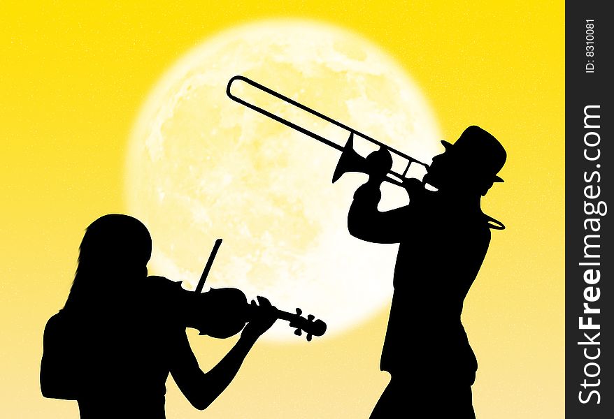 Violin And Trumpet Players In The Moon