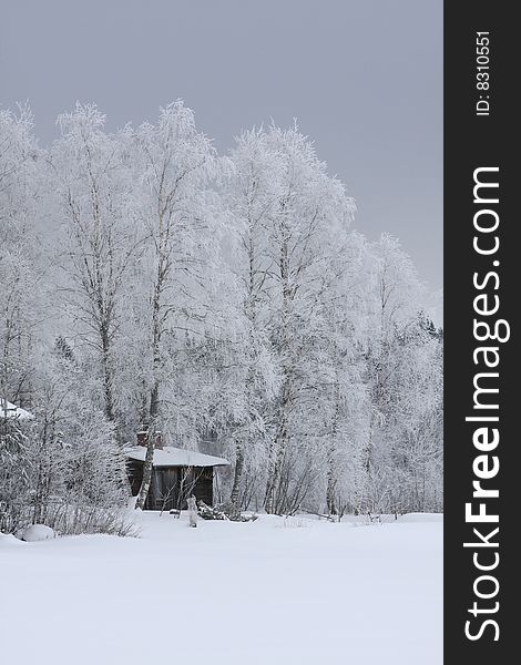 Wooden house in winter in a forest scenery, Finland