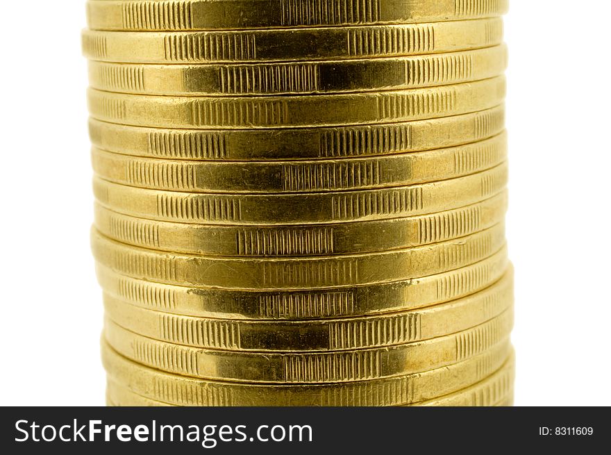 Pile of gold coins isolated on white