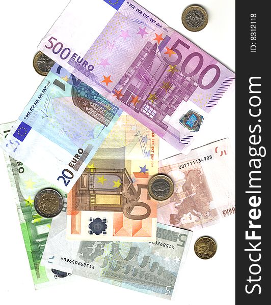 Bunch of euro coins and banknotes