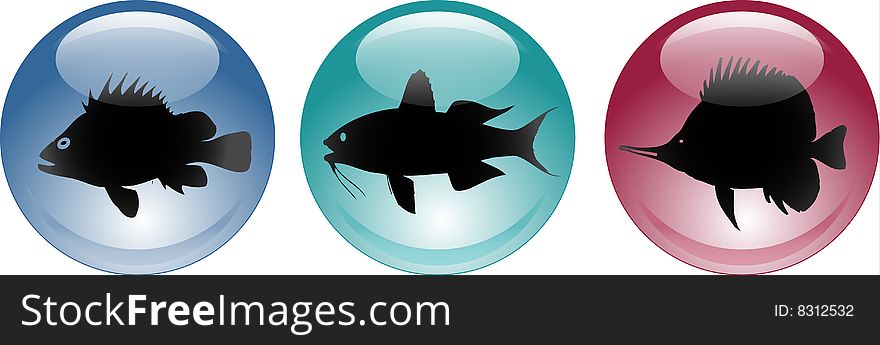3d glassy shiny sea animals fish icons. 3d glassy shiny sea animals fish icons