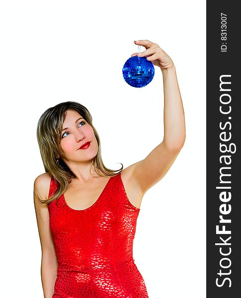 Woman with holiday ball isolated on white
