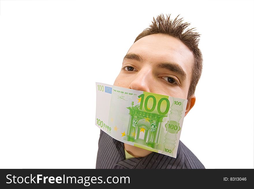 The businessman which mouth is gagged with money (isolated in white background). The businessman which mouth is gagged with money (isolated in white background)