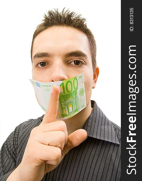 The businessman which mouth is gagged with money (isolated in white background). The businessman which mouth is gagged with money (isolated in white background)