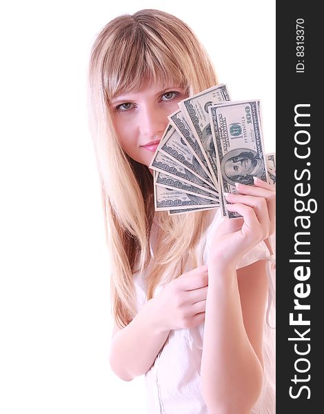 Young girl with dollars isolated on white