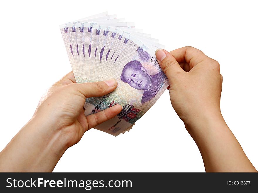 Hand with money on a white background