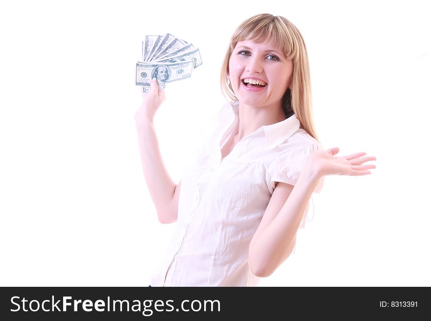 Young girl with dollars isolated on white