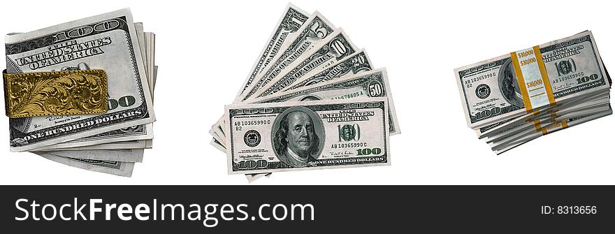 Dollars. Pack , pile on white background