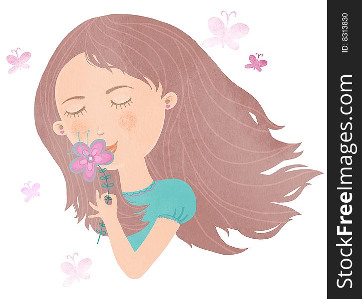 Cute young girl smelling flower illustration