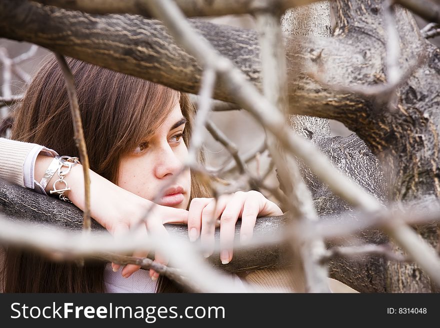 Young green eyed beauty between dead branches. Young green eyed beauty between dead branches