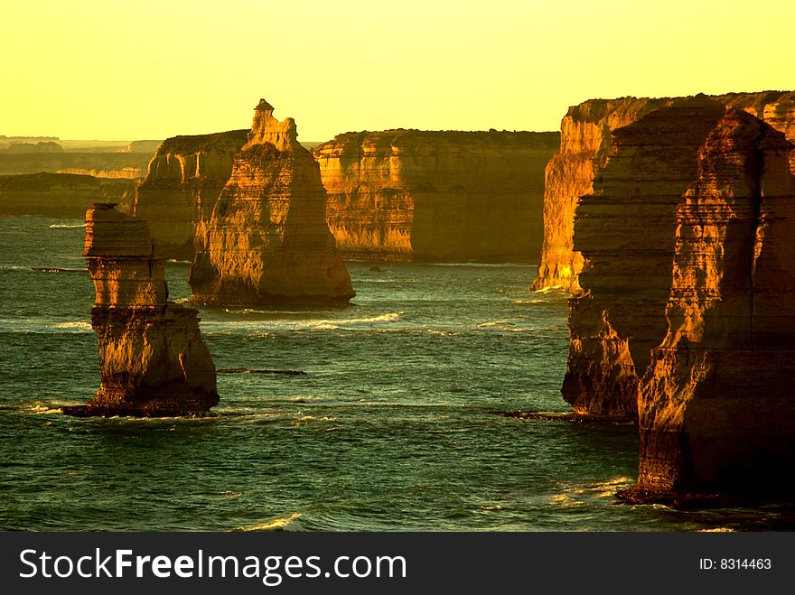 Twelve Apostles, Great Ocean Road, Victoria, Australia at sunset.