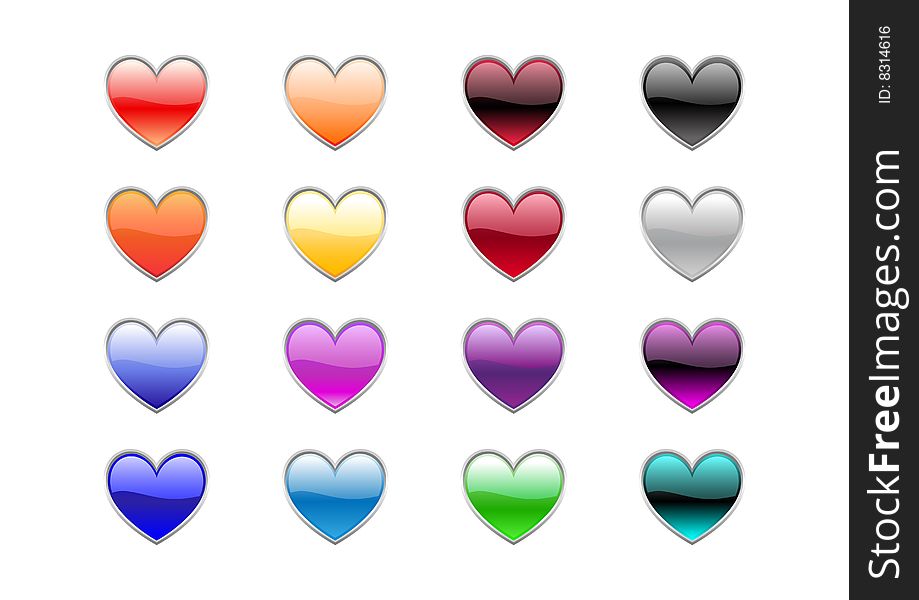 Vector illustration of modern, shiny, heart shape buttons.