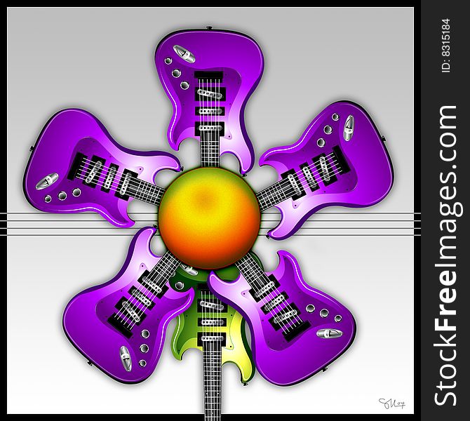 Illustrated Purple Rock Guitars in the shape of a flower, with the green guitar as the stem. Illustrated Purple Rock Guitars in the shape of a flower, with the green guitar as the stem.