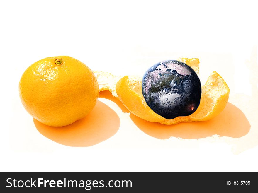 Pare of mandarines and one with planet inside. Pare of mandarines and one with planet inside