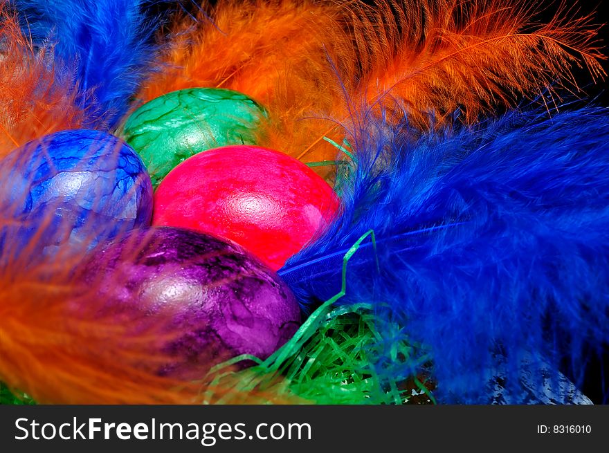 Colorful Easter eggs on the colored feathers