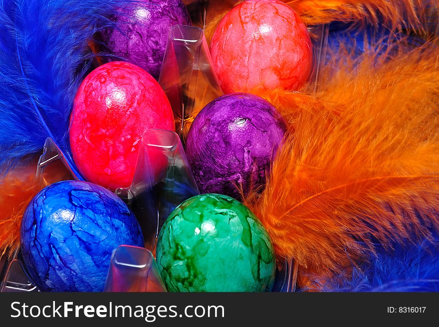 Colorful Easter eggs on the colored feathers