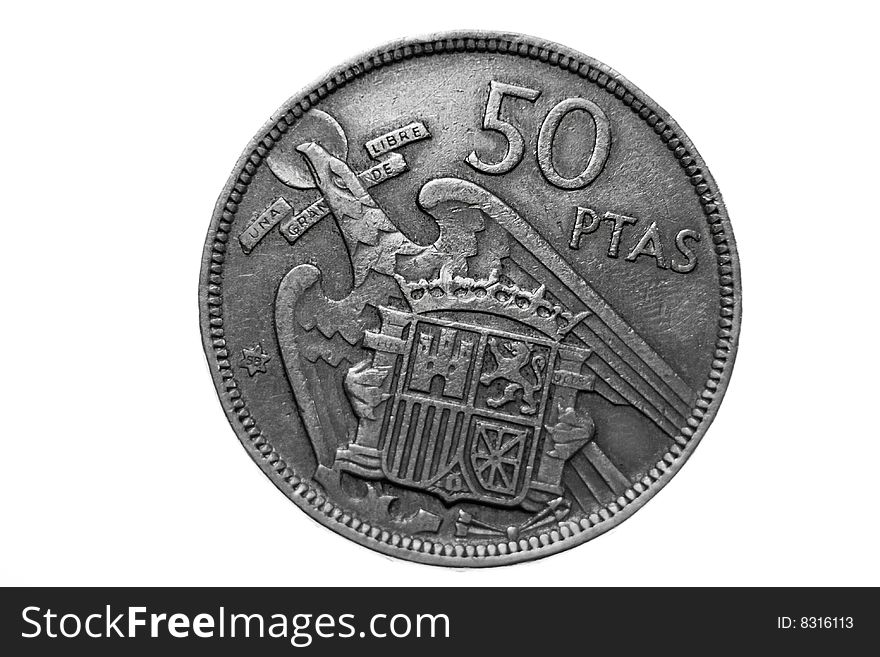 EspaÃ±a, currency fifty pesetas in isolated white background. EspaÃ±a, currency fifty pesetas in isolated white background