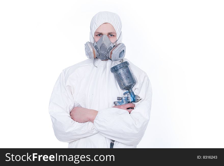 Worker with airbrush gun, isolated on white background