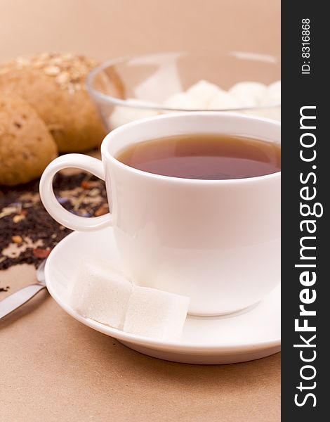 Cup of tea, mozzarella and bread closeup