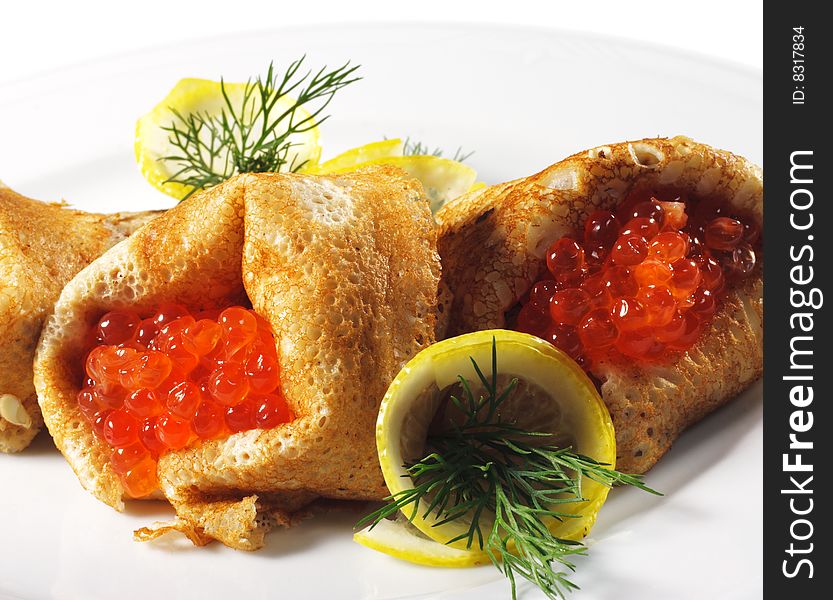 Pancakes with Red Caviar Isolated on White Background