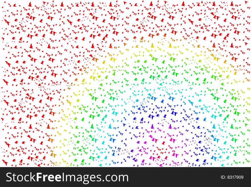 A flight of many birds flying in rainbow colors