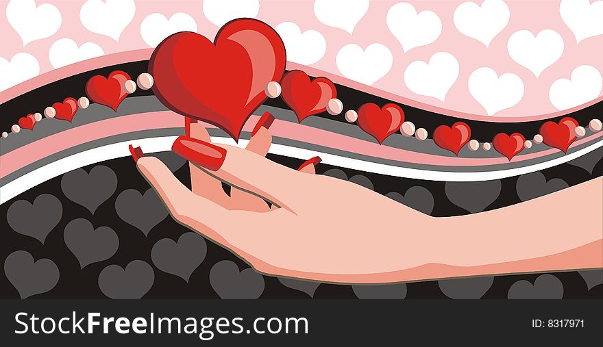 Vector womanâ€™s hand holding red heart. Vector womanâ€™s hand holding red heart