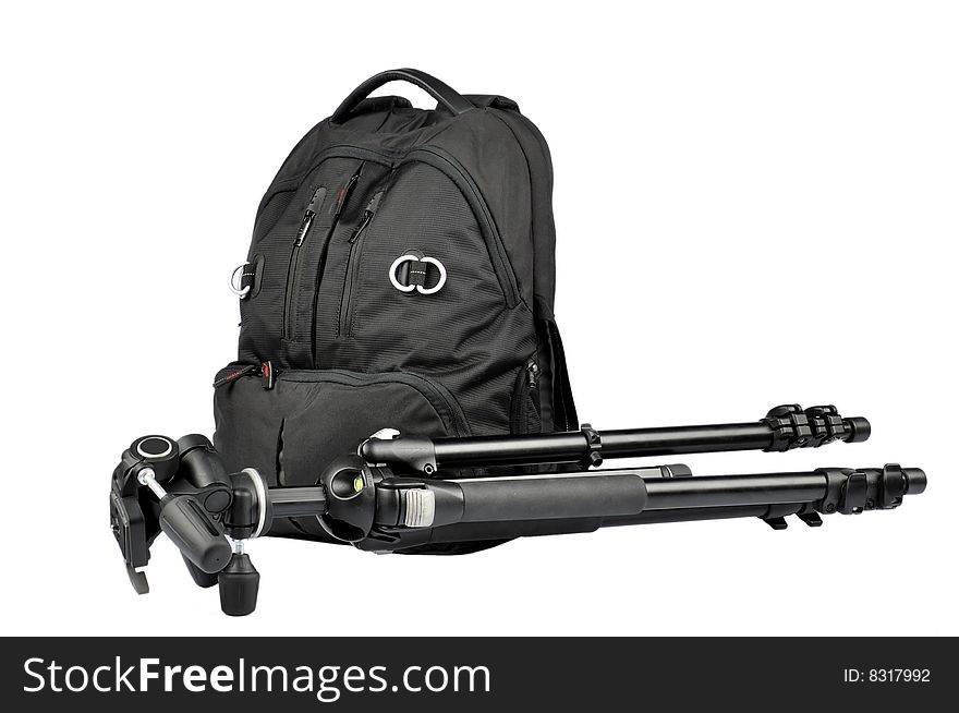 Photo backpack and  tripod on a white background. Photo backpack and  tripod on a white background