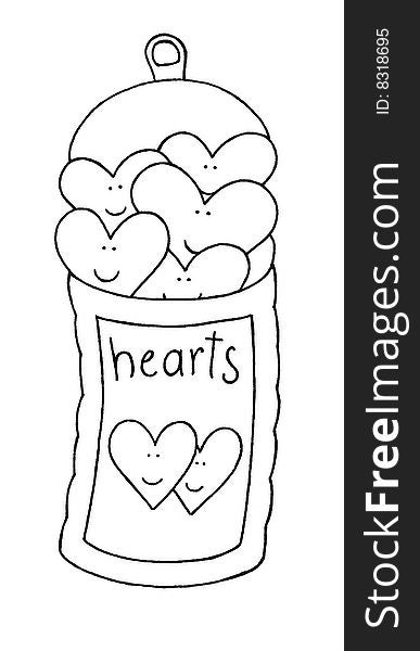 Black and white illustration of a can full of hearts