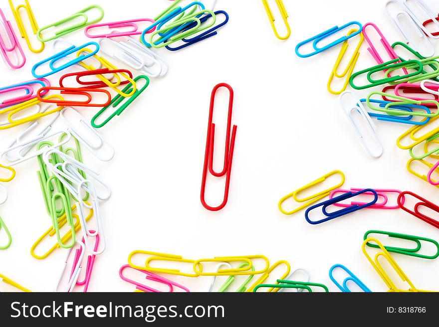 Close-up of paper clips on a white background