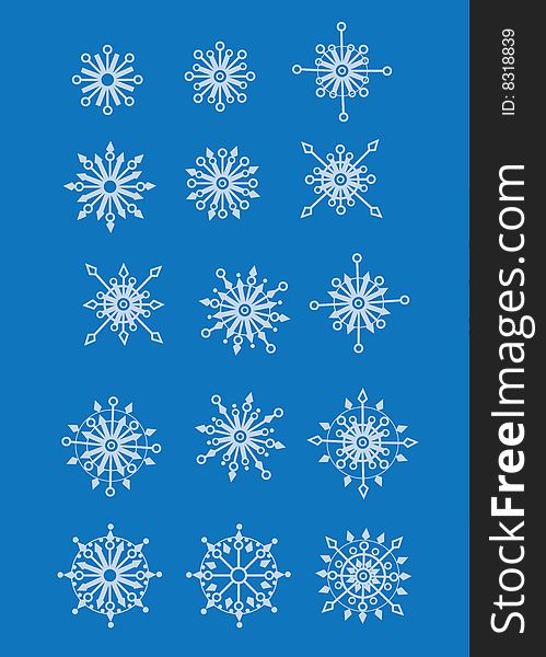 Fifteen different snow flakes in blue background. Fifteen different snow flakes in blue background