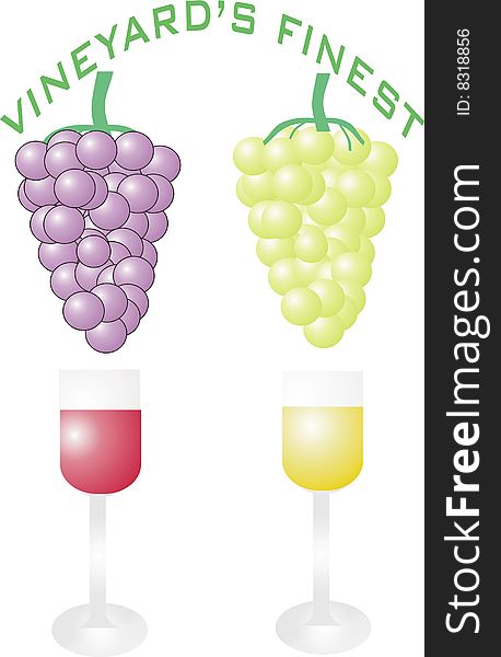 Vector image of a bunch of red and white grapes and glasses of wine. Vector image of a bunch of red and white grapes and glasses of wine