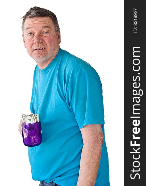 Distraught mature man begging for money, isolated on white background.