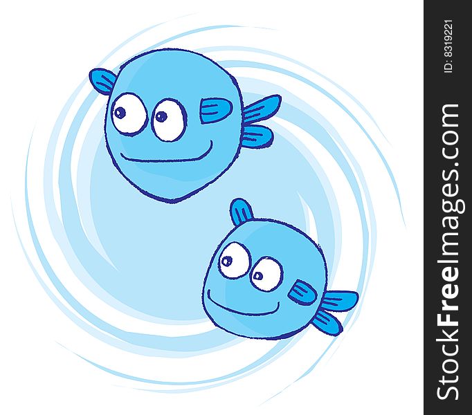 Two happy fishes in top of blue spiral