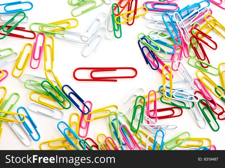 Close-up of paper clips on a white background