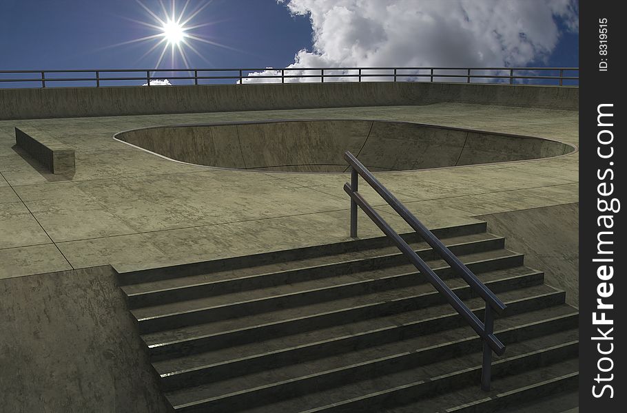 3d illustrated concrete skateboard park. 3d illustrated concrete skateboard park
