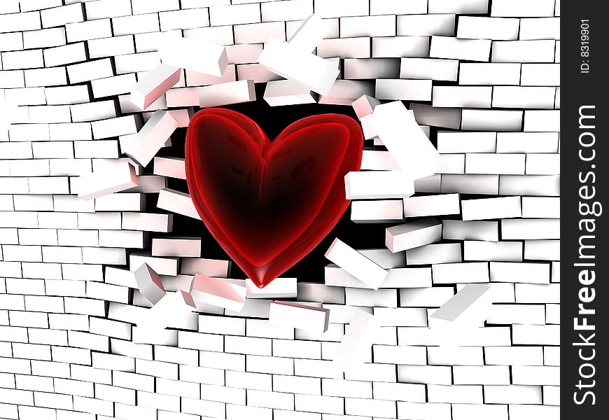 Abstract 3d illustration of red heart breaking the wall. Abstract 3d illustration of red heart breaking the wall