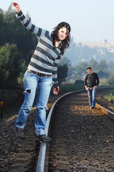 Walking On Railway Tracks Royalty Free Stock Photos