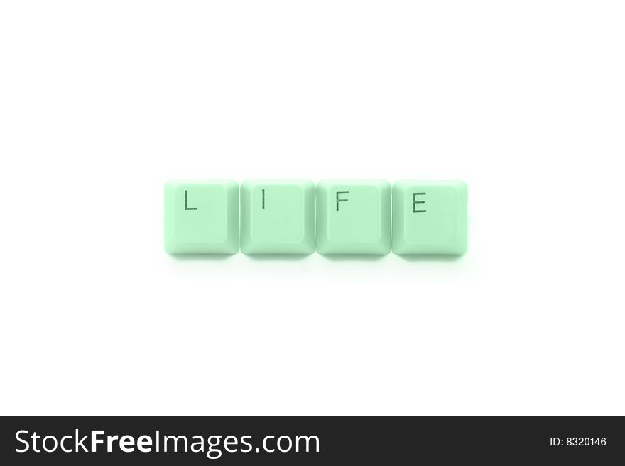 Green LIFE caption by keyboard keys isolated on white background