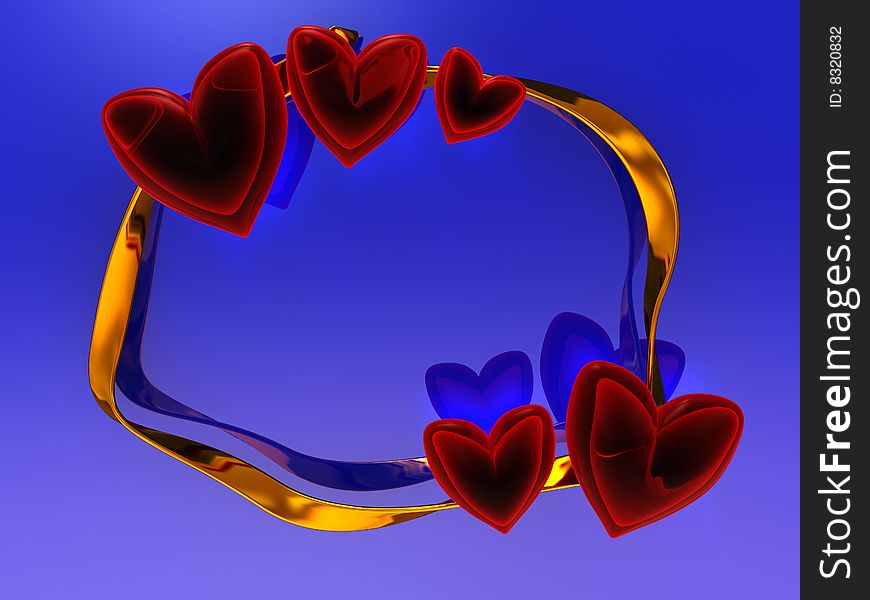 Abstract 3d illustration of red hearts and golden ribbon over blue background. Abstract 3d illustration of red hearts and golden ribbon over blue background