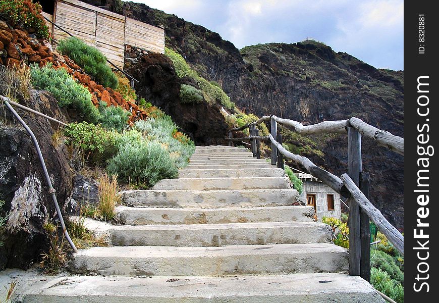 Small house and old stairs on Canary island La Palma